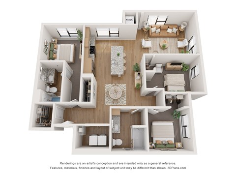 Floor plan for 3 beds, 2 baths, 1340 sqft